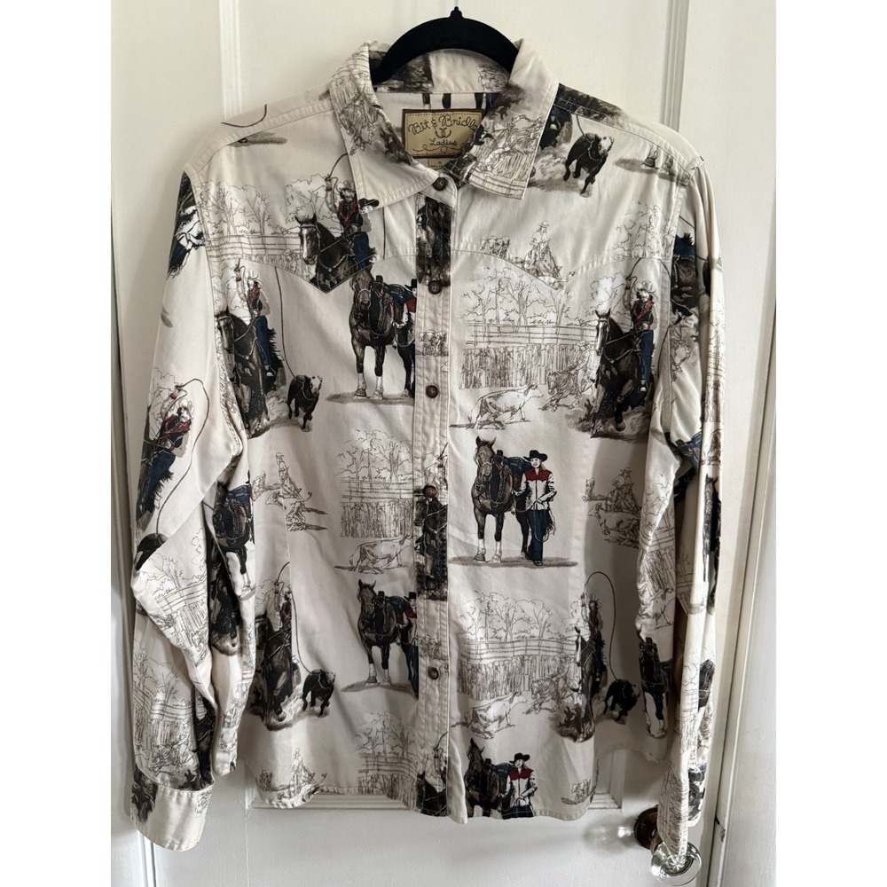 VTG Bit And Bridle Shirt Womens XL Horse AOP Equestrian Western